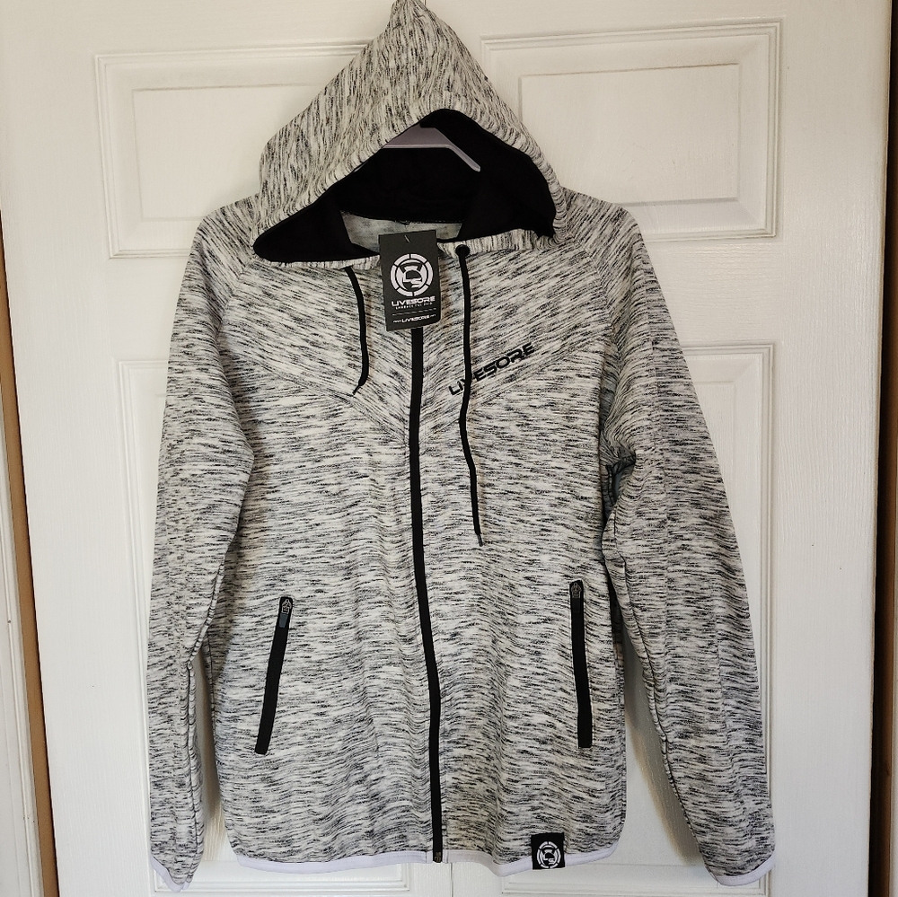 Livesore Black White Heather Full Zip Drawstring Hoodie Unisex/Mens Size L. NWT
